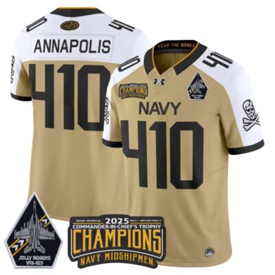 Navy Midshipmen Jolly Rogers 2025 Commander-In-Chief's Trophy Champions Vapor Limited Stitched Jersey - Gold Alternate / Annapolis 410