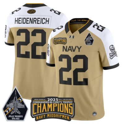 Navy Midshipmen Jolly Rogers 2025 Commander-In-Chief's Trophy Champions Vapor Limited Stitched Jersey - Gold Alternate / Eli Heidenreich