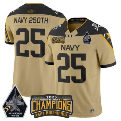 Navy Midshipmen Jolly Rogers 2025 Commander-In-Chief's Trophy Champions Vapor Limited Stitched Jersey - Gold / Navy 250th