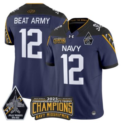 Navy Midshipmen Jolly Rogers 2025 Commander-In-Chief's Trophy Champions Vapor Limited Stitched Jersey - Navy / #12 Beat Army