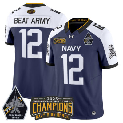 Navy Midshipmen Jolly Rogers 2025 Commander-In-Chief's Trophy Champions Vapor Limited Stitched Jersey - Navy Alternate / #12 Beat Army