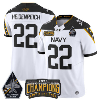 Navy Midshipmen Jolly Rogers 2025 Commander-In-Chief's Trophy Champions Vapor Limited Stitched Jersey - White / Eli Heidenreich