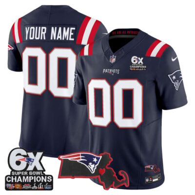 New England Patriots 6-Time Champions & Massachusetts Patch Vapor Limited Custom Stitched Jersey - Navy