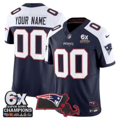 New England Patriots 6-Time Champions & Massachusetts Patch Vapor Limited Custom Stitched Jersey - Navy Alternate