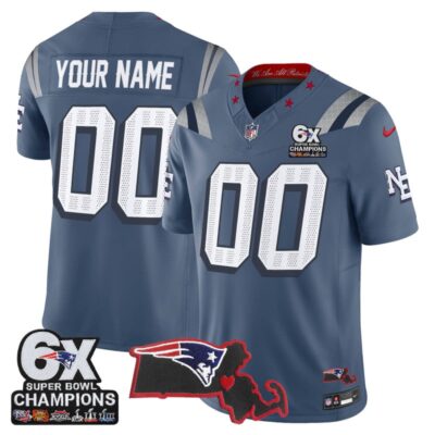 New England Patriots 6-Time Champions & Massachusetts Patch Vapor Limited Custom Stitched Jersey - Storm Blue