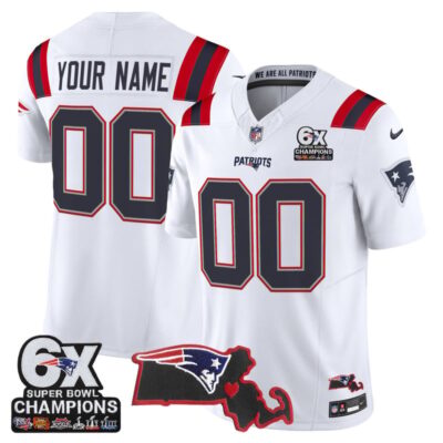 New England Patriots 6-Time Champions & Massachusetts Patch Vapor Limited Custom Stitched Jersey - White