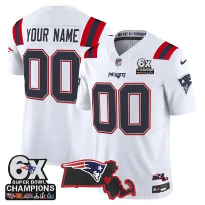 New England Patriots 6-Time Champions & Massachusetts Patch Vapor Limited Custom Stitched Jersey - White