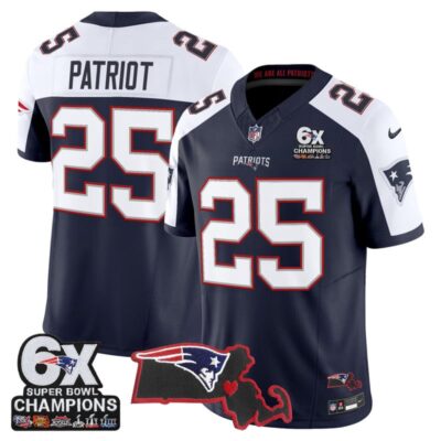 New England Patriots 6-Time Champions & Massachusetts Patch Vapor Limited Stitched Jersey - Navy Alternate / #25 Patriot