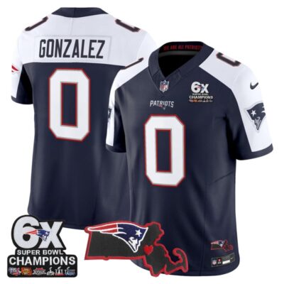 New England Patriots 6-Time Champions & Massachusetts Patch Vapor Limited Stitched Jersey - Navy Alternate / Christian Gonzalez