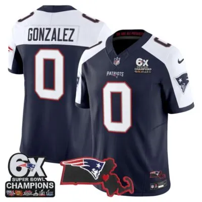 New England Patriots 6-Time Champions & Massachusetts Patch Vapor Limited Stitched Jersey - Navy Alternate / Christian Gonzalez