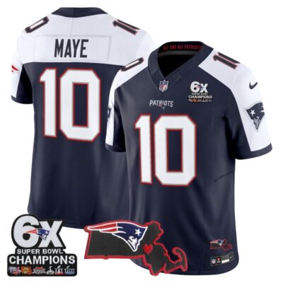 New England Patriots 6-Time Champions & Massachusetts Patch Vapor Limited Stitched Jersey - Navy Alternate / Drake Maye