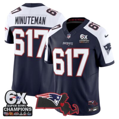 New England Patriots 6-Time Champions & Massachusetts Patch Vapor Limited Stitched Jersey - Navy Alternate / Minuteman 617