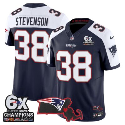 New England Patriots 6-Time Champions & Massachusetts Patch Vapor Limited Stitched Jersey - Navy Alternate / Rhamondre Stevenson