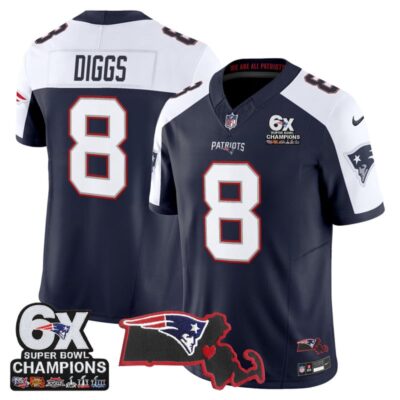 New England Patriots 6-Time Champions & Massachusetts Patch Vapor Limited Stitched Jersey - Navy Alternate / Stefon Diggs