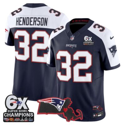 New England Patriots 6-Time Champions & Massachusetts Patch Vapor Limited Stitched Jersey - Navy Alternate / TreVeyon Henderson