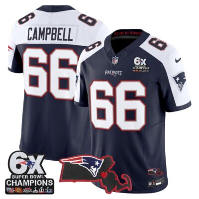 New England Patriots 6-Time Champions & Massachusetts Patch Vapor Limited Stitched Jersey - Navy Alternate / Will Campbell
