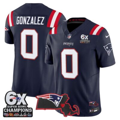 New England Patriots 6-Time Champions & Massachusetts Patch Vapor Limited Stitched Jersey - Navy / Christian Gonzalez