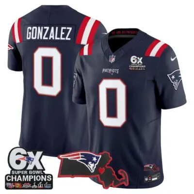 New England Patriots 6-Time Champions & Massachusetts Patch Vapor Limited Stitched Jersey - Navy / Christian Gonzalez