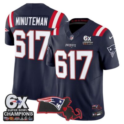 New England Patriots 6-Time Champions & Massachusetts Patch Vapor Limited Stitched Jersey - Navy / Minuteman 617