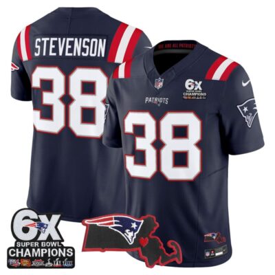 New England Patriots 6-Time Champions & Massachusetts Patch Vapor Limited Stitched Jersey - Navy / Rhamondre Stevenson