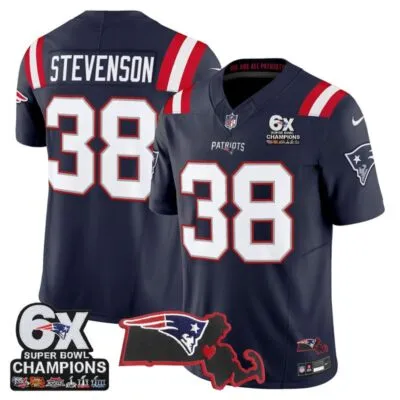 New England Patriots 6-Time Champions & Massachusetts Patch Vapor Limited Stitched Jersey - Navy / Rhamondre Stevenson