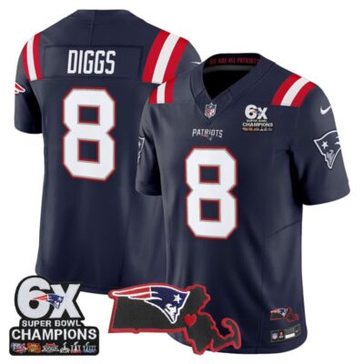 New England Patriots 6-Time Champions & Massachusetts Patch Vapor Limited Stitched Jersey - Navy / Stefon Diggs