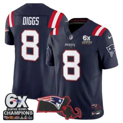 New England Patriots 6-Time Champions & Massachusetts Patch Vapor Limited Stitched Jersey - Navy / Stefon Diggs