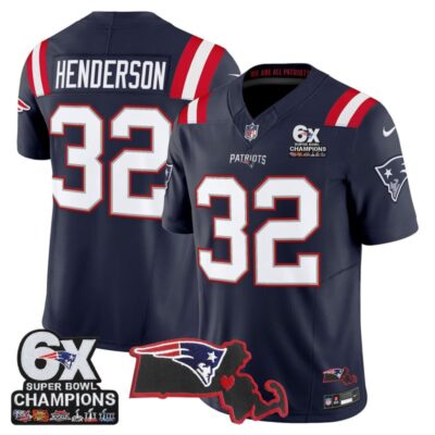 New England Patriots 6-Time Champions & Massachusetts Patch Vapor Limited Stitched Jersey - Navy / TreVeyon Henderson