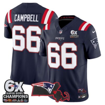 New England Patriots 6-Time Champions & Massachusetts Patch Vapor Limited Stitched Jersey - Navy / Will Campbell