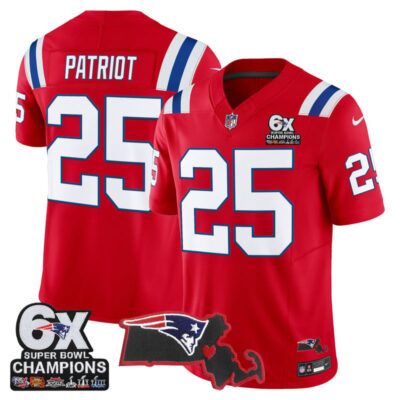 New England Patriots 6-Time Champions & Massachusetts Patch Vapor Limited Stitched Jersey - Red / #25 Patriot
