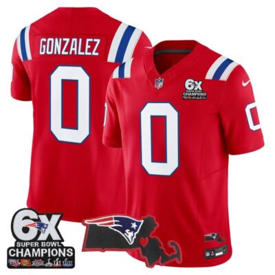 New England Patriots 6-Time Champions & Massachusetts Patch Vapor Limited Stitched Jersey - Red / Christian Gonzalez