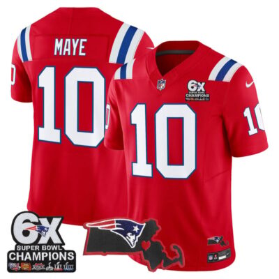New England Patriots 6-Time Champions & Massachusetts Patch Vapor Limited Stitched Jersey - Red / Drake Maye