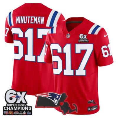 New England Patriots 6-Time Champions & Massachusetts Patch Vapor Limited Stitched Jersey - Red / Minuteman 617