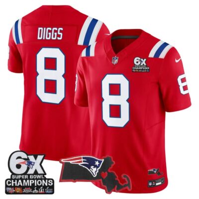 New England Patriots 6-Time Champions & Massachusetts Patch Vapor Limited Stitched Jersey - Red / Stefon Diggs