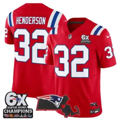 New England Patriots 6-Time Champions & Massachusetts Patch Vapor Limited Stitched Jersey - Red / TreVeyon Henderson