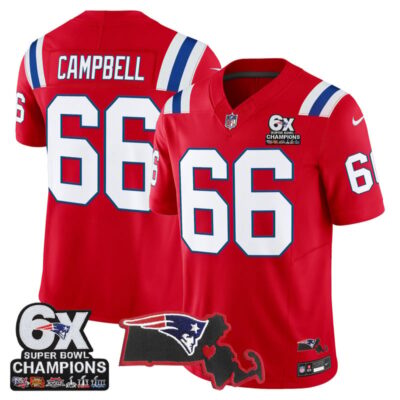 New England Patriots 6-Time Champions & Massachusetts Patch Vapor Limited Stitched Jersey - Red / Will Campbell