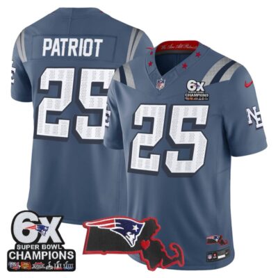 New England Patriots 6-Time Champions & Massachusetts Patch Vapor Limited Stitched Jersey - Storm Blue / #25 Patriot