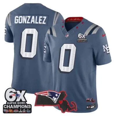 New England Patriots 6-Time Champions & Massachusetts Patch Vapor Limited Stitched Jersey - Storm Blue / Christian Gonzalez