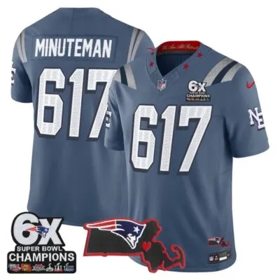 New England Patriots 6-Time Champions & Massachusetts Patch Vapor Limited Stitched Jersey - Storm Blue / Minuteman 617