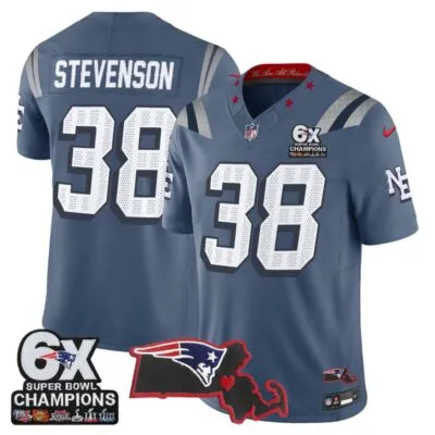 New England Patriots 6-Time Champions & Massachusetts Patch Vapor Limited Stitched Jersey - Storm Blue / Rhamondre Stevenson