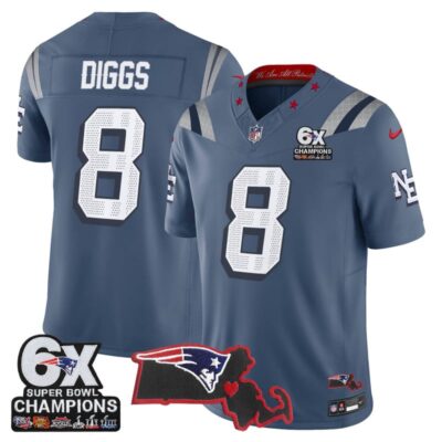 New England Patriots 6-Time Champions & Massachusetts Patch Vapor Limited Stitched Jersey - Storm Blue / Stefon Diggs
