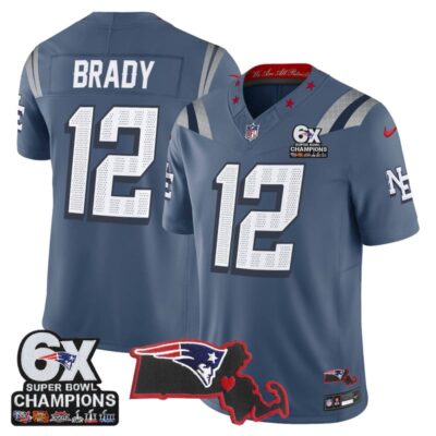 New England Patriots 6-Time Champions & Massachusetts Patch Vapor Limited Stitched Jersey - Storm Blue / Tom Brady