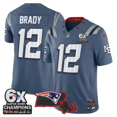 New England Patriots 6-Time Champions & Massachusetts Patch Vapor Limited Stitched Jersey - Storm Blue / Tom Brady