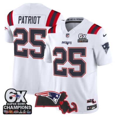 New England Patriots 6-Time Champions & Massachusetts Patch Vapor Limited Stitched Jersey - White / #25 Patriot