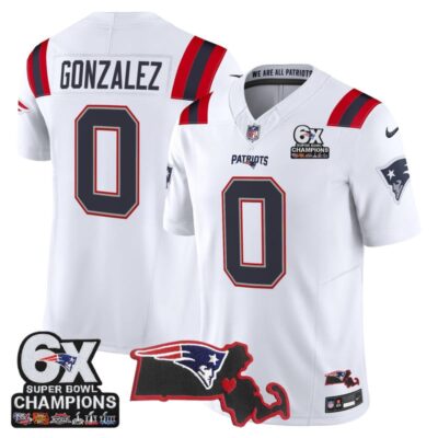 New England Patriots 6-Time Champions & Massachusetts Patch Vapor Limited Stitched Jersey - White / Christian Gonzalez