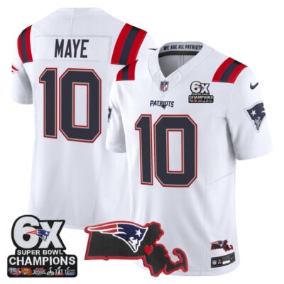 New England Patriots 6-Time Champions & Massachusetts Patch Vapor Limited Stitched Jersey - White / Drake Maye