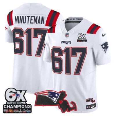 New England Patriots 6-Time Champions & Massachusetts Patch Vapor Limited Stitched Jersey - White / Minuteman 617