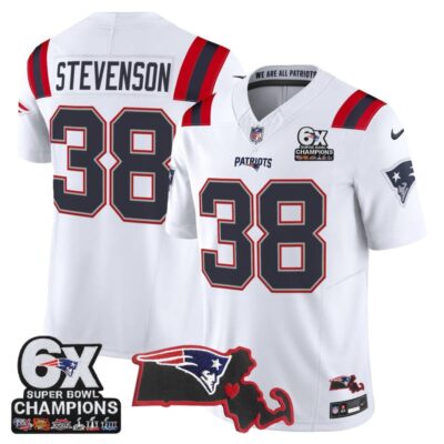 New England Patriots 6-Time Champions & Massachusetts Patch Vapor Limited Stitched Jersey - White / Rhamondre Stevenson