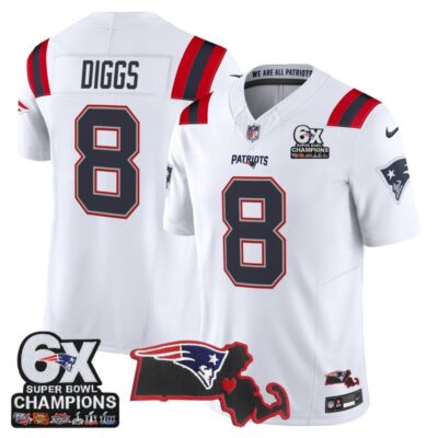 New England Patriots 6-Time Champions & Massachusetts Patch Vapor Limited Stitched Jersey - White / Stefon Diggs