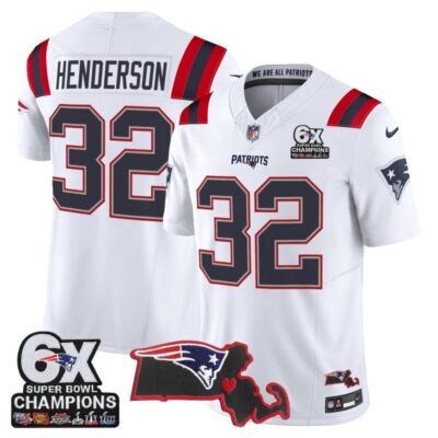 New England Patriots 6-Time Champions & Massachusetts Patch Vapor Limited Stitched Jersey - White / TreVeyon Henderson